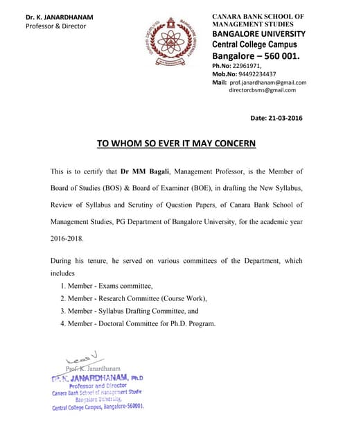University Board Member / MM Bagali / 2018-2019 / India  University / Higher Education 
