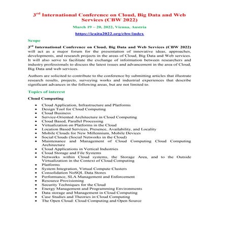 3rd International Conference on Cloud, Big Data and Web Services (CBW 2022)