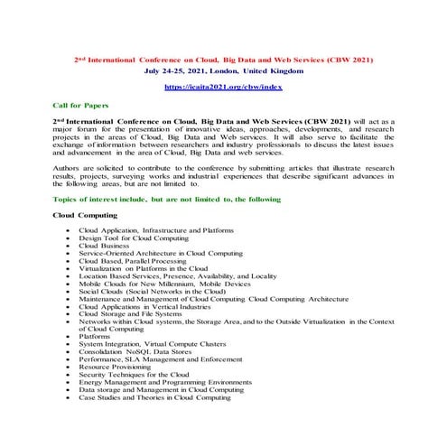 2nd International Conference on Cloud, Big Data and Web Services (CBW 2021)