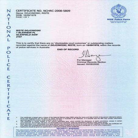 National Police Certificate 2008 | PDF