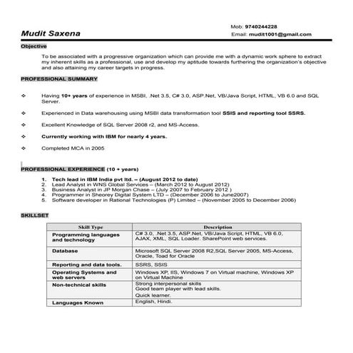 CV_Mudit IBM MCA 10+ years MSBI, SQL, .NET
