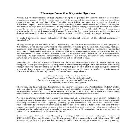 Message from Keynote Speaker Dr Deepak Waikar for ICESA-2015 Pune India