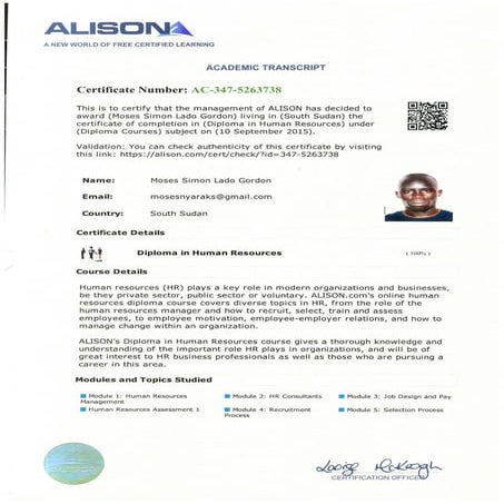 ACADEMIC TRANSCRIPT DIPLOMA IN HUMAN RESOURCES 1 | PDF