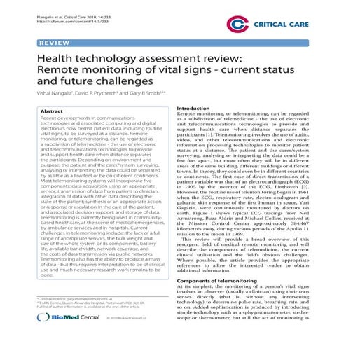 Health Tech Assessment Review: Remote monitoring of vital signals