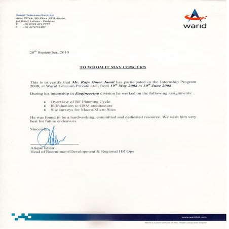 Warid - Experience Letter