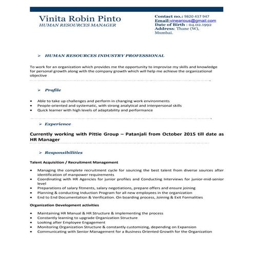 VINITA PINTO - RESUME