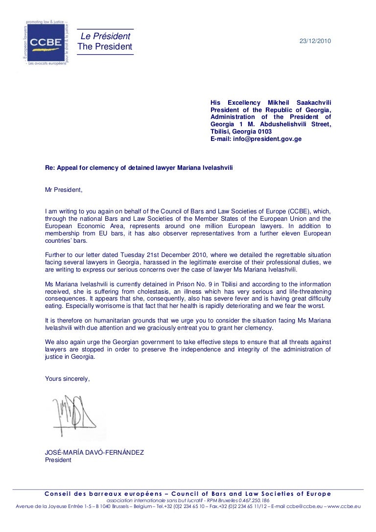 Ccbe letter for clemency of Mariana Ivelashvili 23 12 2010