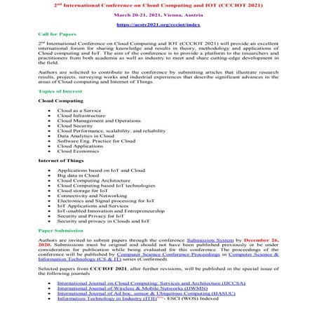 Call for Paper - 2nd International Conference on Cloud Computing and IOT (CCC...