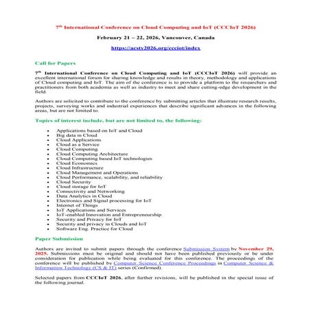 7th International Conference on Cloud Computing and IoT (CCCIoT 2026)