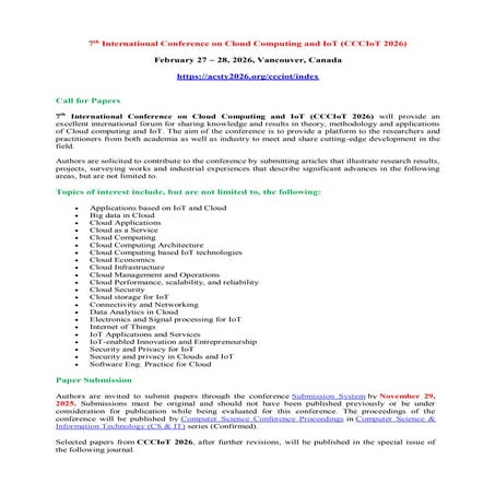 7th International Conference on Cloud Computing and IoT (CCCIoT 2026)