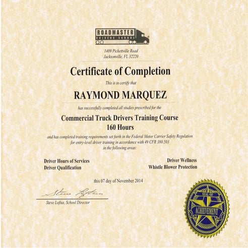 CDL Certificate Roadmaster | PDF