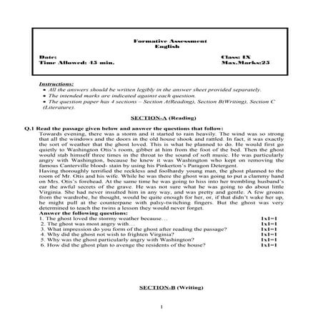 Formative Assessment Question Paper Grade 9