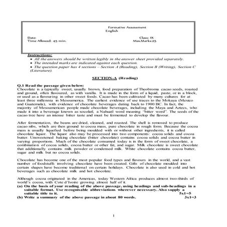 Formative Assessment Question Paper