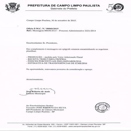 Mensagem a Câmara e Planilhas