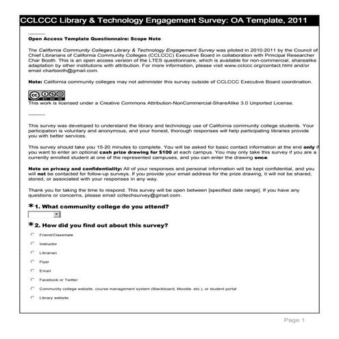 Calfornia Community Colleges Library & Technology Survey: Open Access Template, 2011