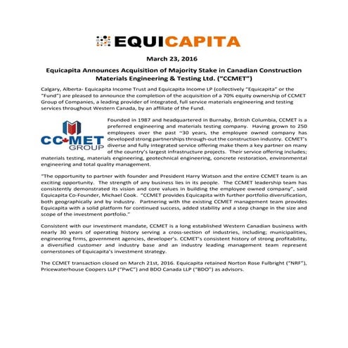 Equicapita Announces Acquisition of Majority of CCMET