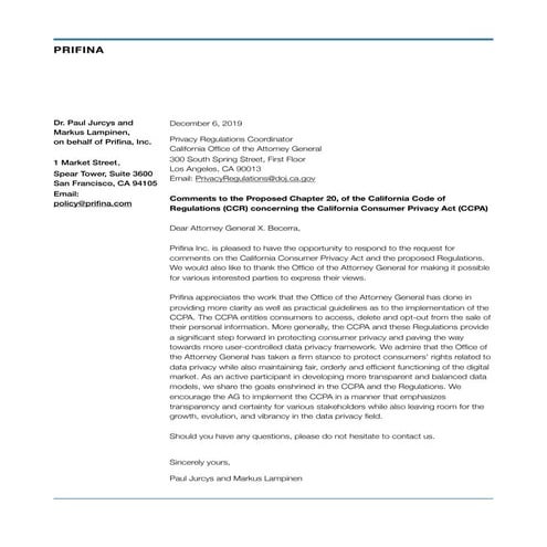 CCPA comments by Prifina