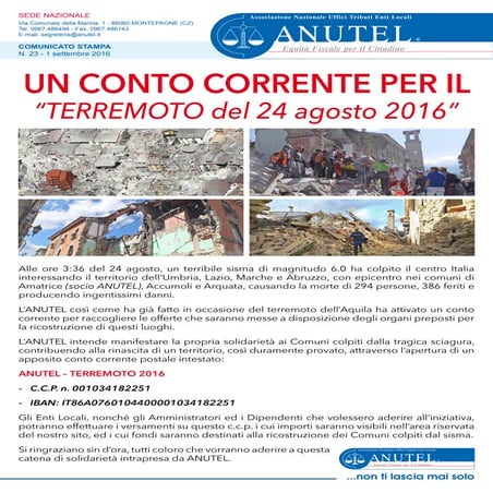 Un conto corrente per il "terremoto del 24 agosto 2016"