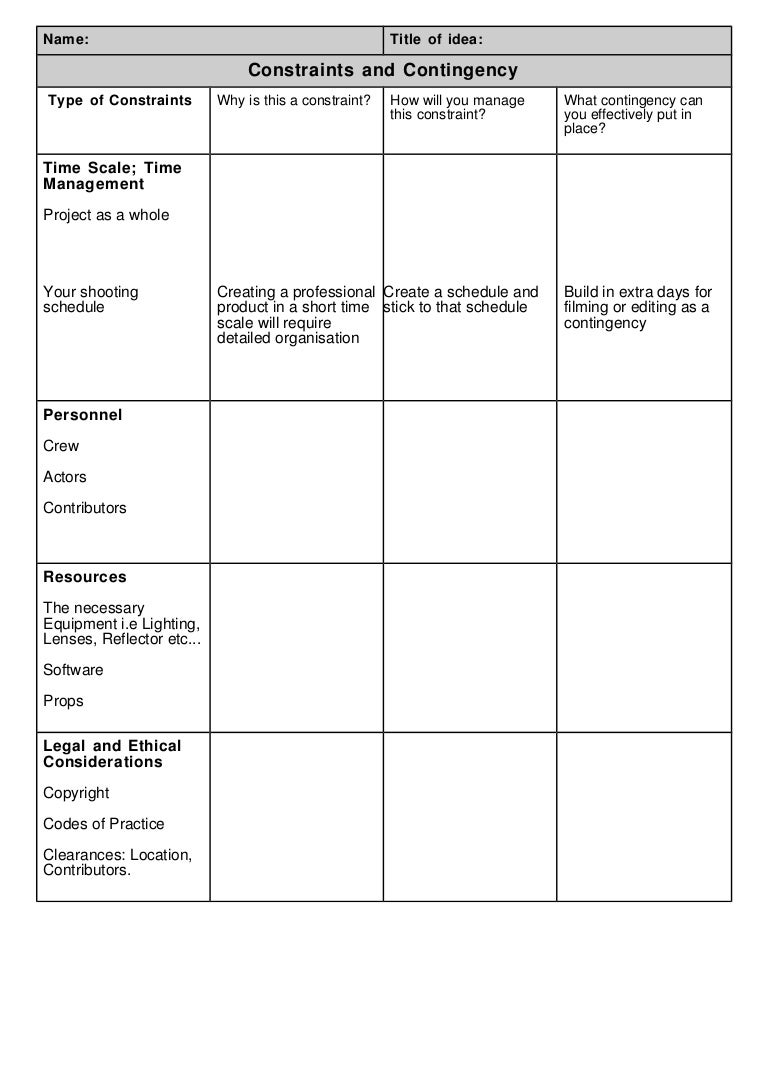 Constraints & Contingency Worksheet