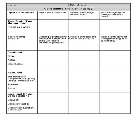 Constraints & Contingency Worksheet