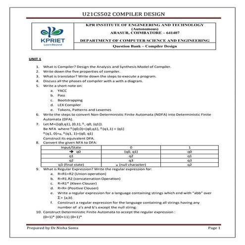 U21CS502--Compiler Design--Question Bank