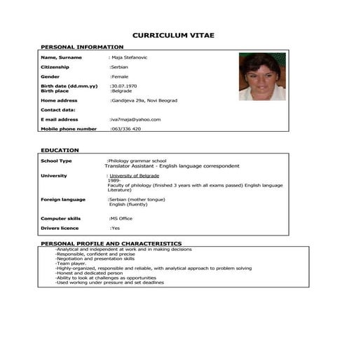 CURRICULUM VITAE-Maja Stefanovic
