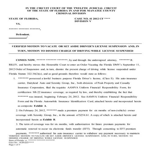 Verified Motion to Vacate or Set Aside Charge of Driving While License ...