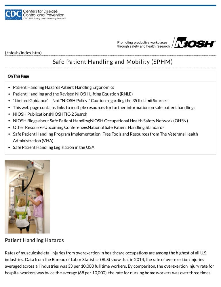 Cdc safe patient handling and mobility (sphm) niosh workplace saf…