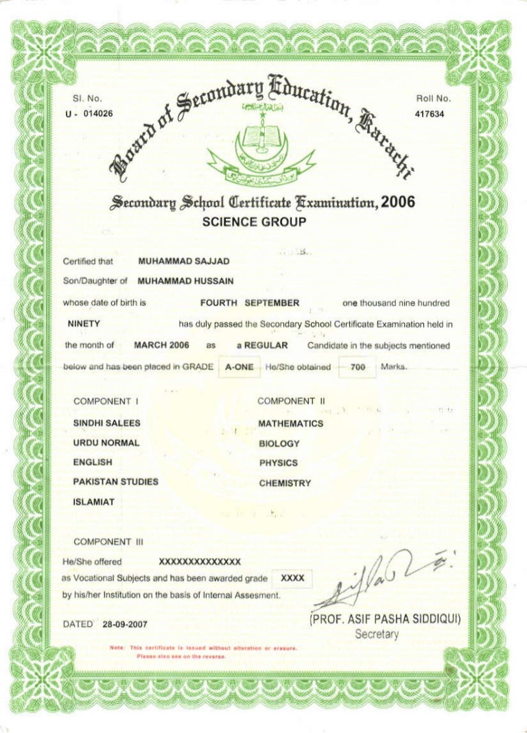 SSC. Matriculation Certificate