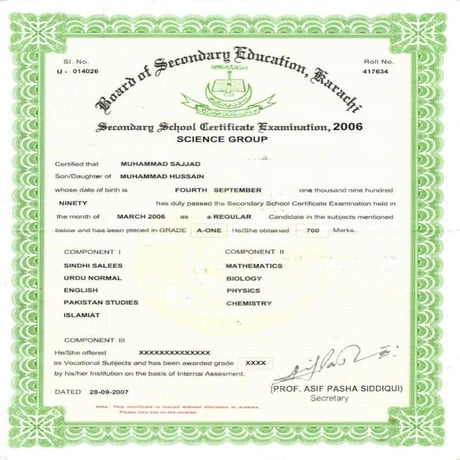 SSC. Matriculation Certificate
