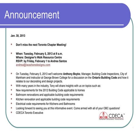 CDECA Toronto Chapter Presentation Feb 5, 2013