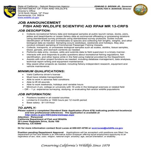 CDFW job announcement sci aid 6-1-2014