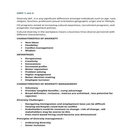 Cultural Diversity at workplace notes for Bcom 6th sem (UNIT 1 to 5 FULL) for exam preparation.