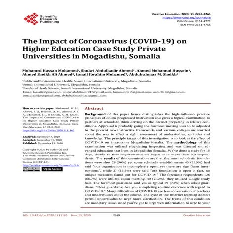 The Impact of Coronavirus (COVID-19) on Higher Education Case Study Private U...