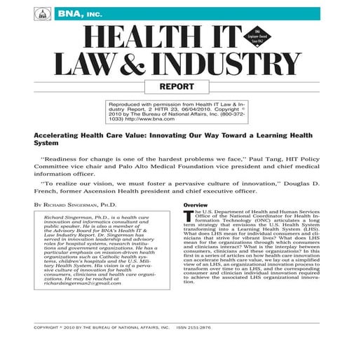 Accelerating Health Care Value --Singerman 06 02 2010 BNA Preprint