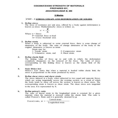 STRENGTH OF MATERIALS 2 MARKS (CE6306/CE8395)