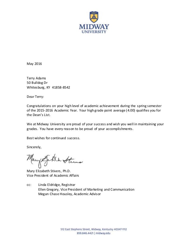 Dean's List letter, May 2016