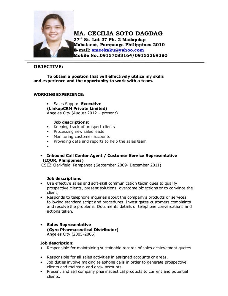 sample resume call center agent no work experience
