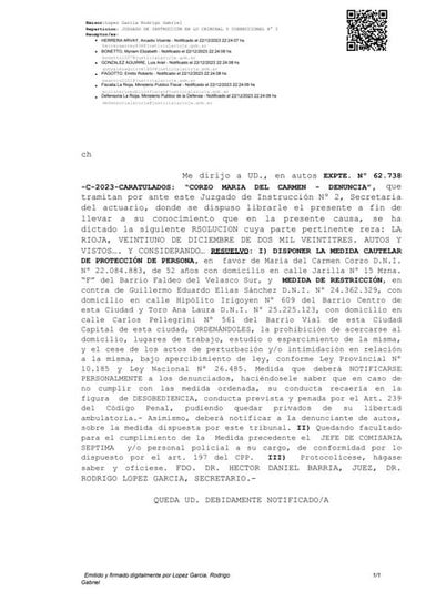 Establecen medida a favor de María del Carmen Corzo