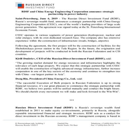 RDIF and China Energy Engineering Corporation announce strategic partnership in power industry