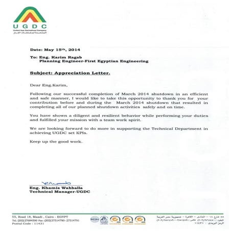 Appreciation Letter for Total Plant shutdown March 2014