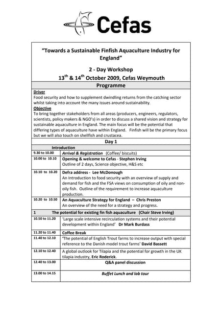 Cefas Aquaculture Workshop 2009 Programme