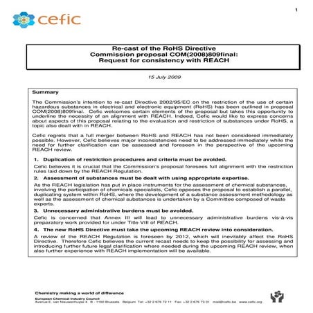 Cefic Final Position On RoHs Recast   15 July 2009