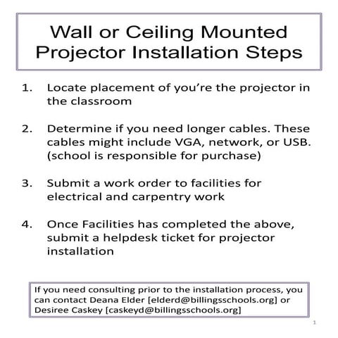 Procedures for Installing Wall or Ceiling Mounted Projectors