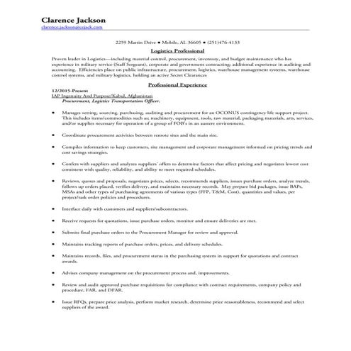C e  jackson (procurement materials logistics resume)