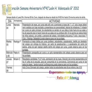 Celebración semana aniversario nº41 profes actividades diario mural