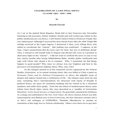 Celebration of a life well spent claude ake (1939-1996) | PDF