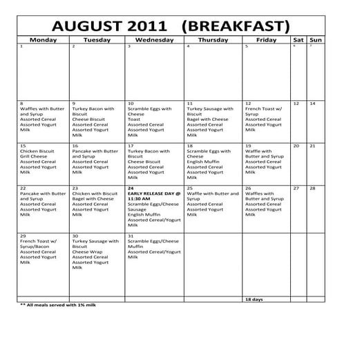 August 2011 THS Menu