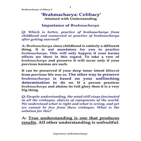 Celibacy 3 - Importance of Brahamacharya
