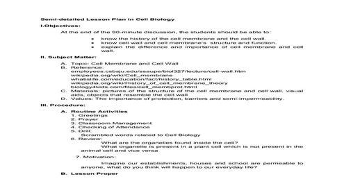 Lesson Plan On Cell Structure